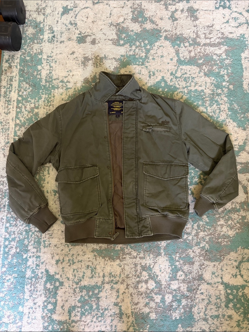 Alpha Industries Men's Olive Green Bomber Jacket Size Large 100% Cotton